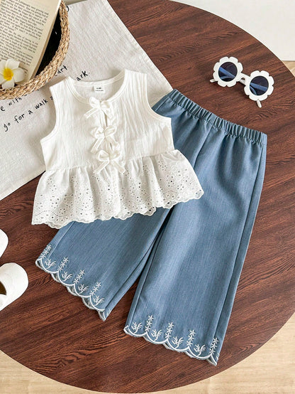 2pcs Baby Girl Toddler/Newborn 0-3Y Spring/Summer Casual Sweet Daily Vacation Striped Woven Sleeveless Top & Wide Leg Pants 2-Piece Set