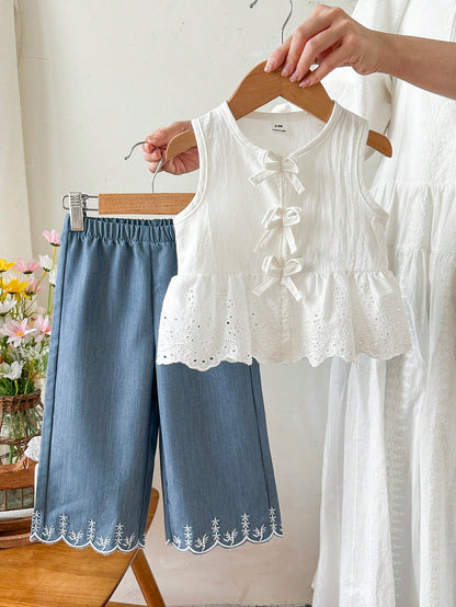2pcs Baby Girl Toddler/Newborn 0-3Y Spring/Summer Casual Sweet Daily Vacation Striped Woven Sleeveless Top & Wide Leg Pants 2-Piece Set