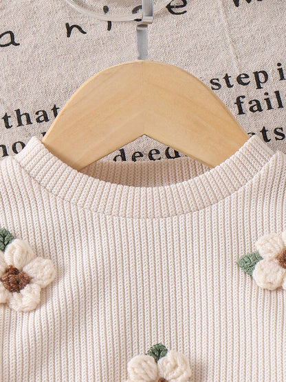 2pcs Baby Girls Casual Floral Applique Long Sleeve Top With Pocket & Denim Pants Set, Spring/Autumn