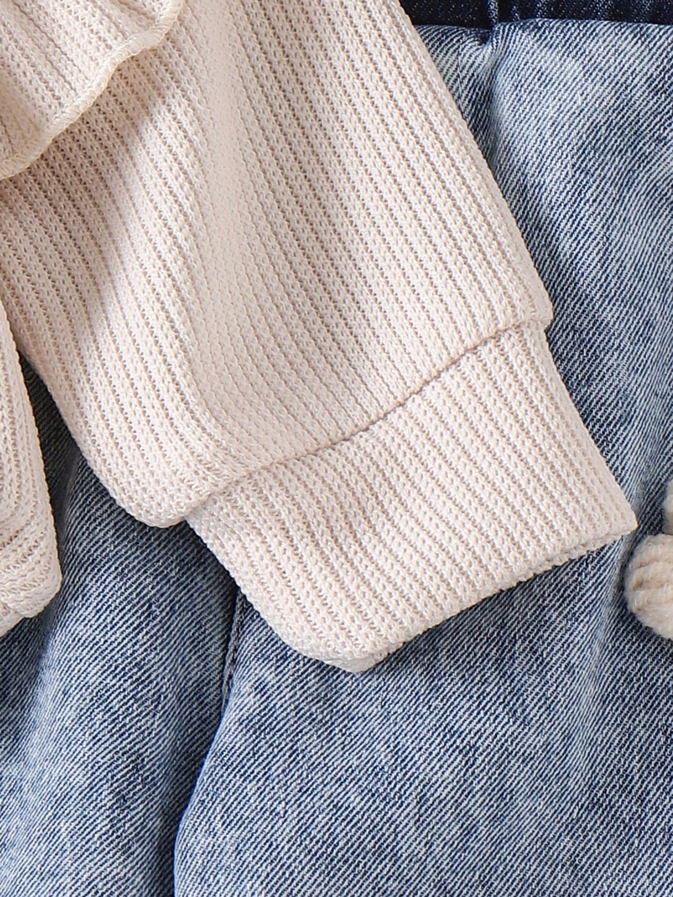 2pcs Baby Girls Casual Floral Applique Long Sleeve Top With Pocket & Denim Pants Set, Spring/Autumn