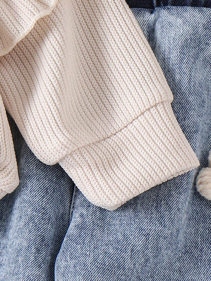 2pcs Baby Girls Casual Floral Applique Long Sleeve Top With Pocket & Denim Pants Set, Spring/Autumn