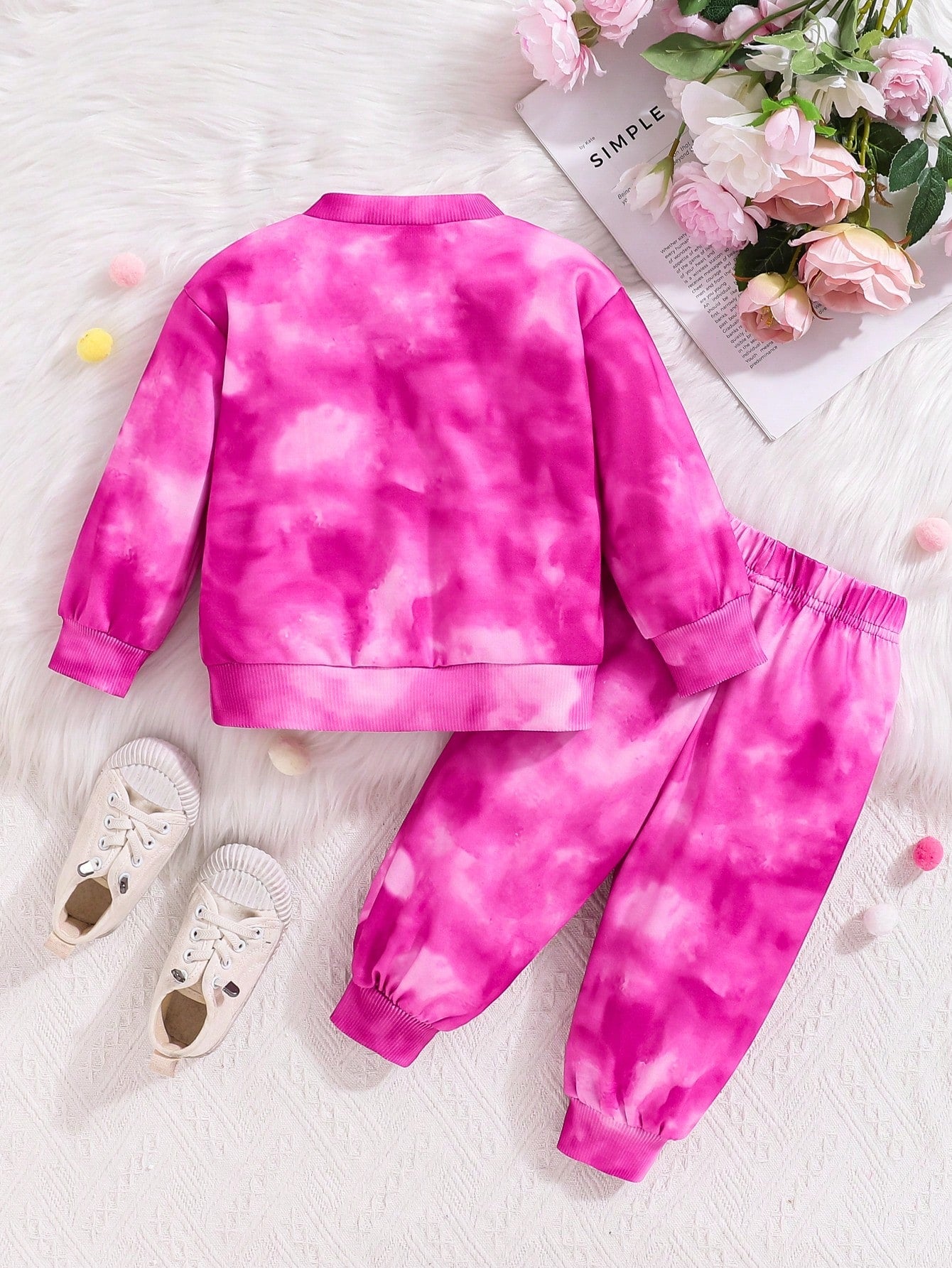 2pcs Baby Girls Casual Letter Tie-Dye Print Pullover Sweatshirt And Long Pants Set With Round Neck Long Sleeves For Spring And Autumn