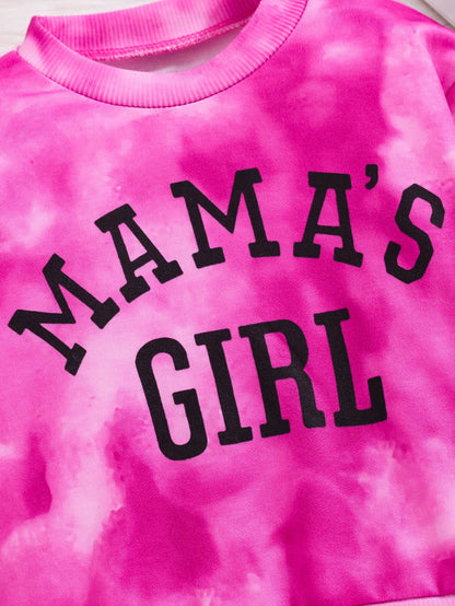 2pcs Baby Girls Casual Letter Tie-Dye Print Pullover Sweatshirt And Long Pants Set With Round Neck Long Sleeves For Spring And Autumn