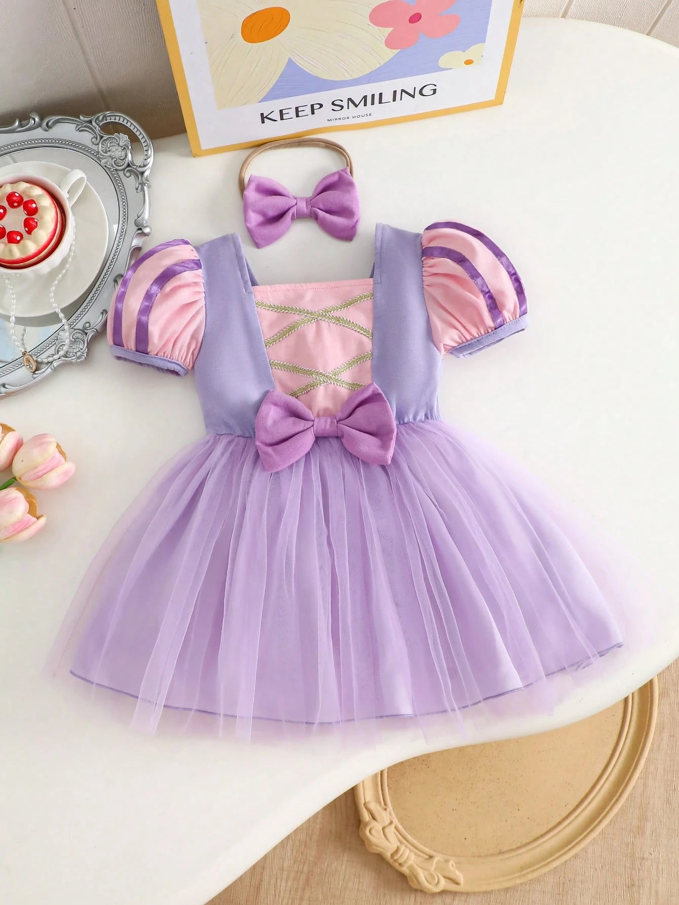 2pcs Baby Girls' Colorblock Mesh Dress With Headband Set, Sweet & Cute, Suitable For Outings, Parties And Gatherings, Spring/Summer