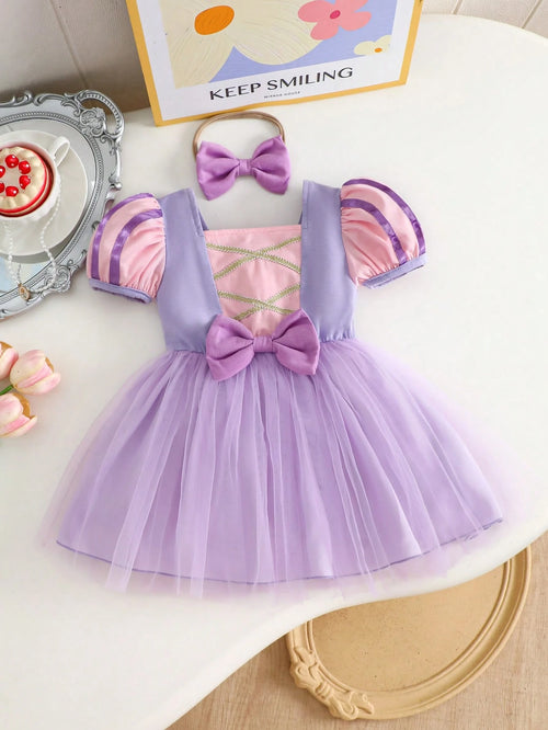 2pcs Baby Girls' Colorblock Mesh Dress With Headband Set, Sweet & Cute, Suitable For Outings, Parties And Gatherings, Spring/Summer