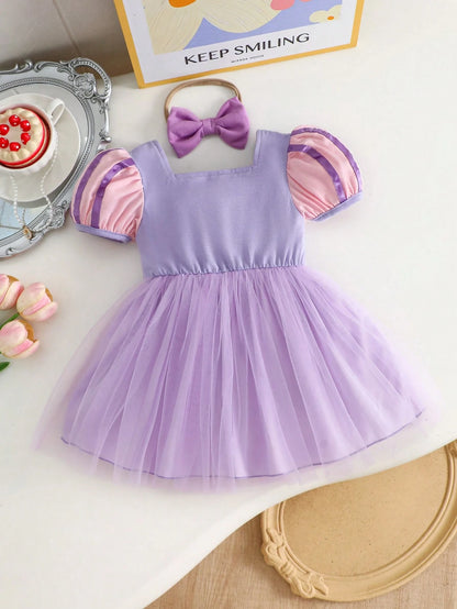 2pcs Baby Girls' Colorblock Mesh Dress With Headband Set, Sweet & Cute, Suitable For Outings, Parties And Gatherings, Spring/Summer