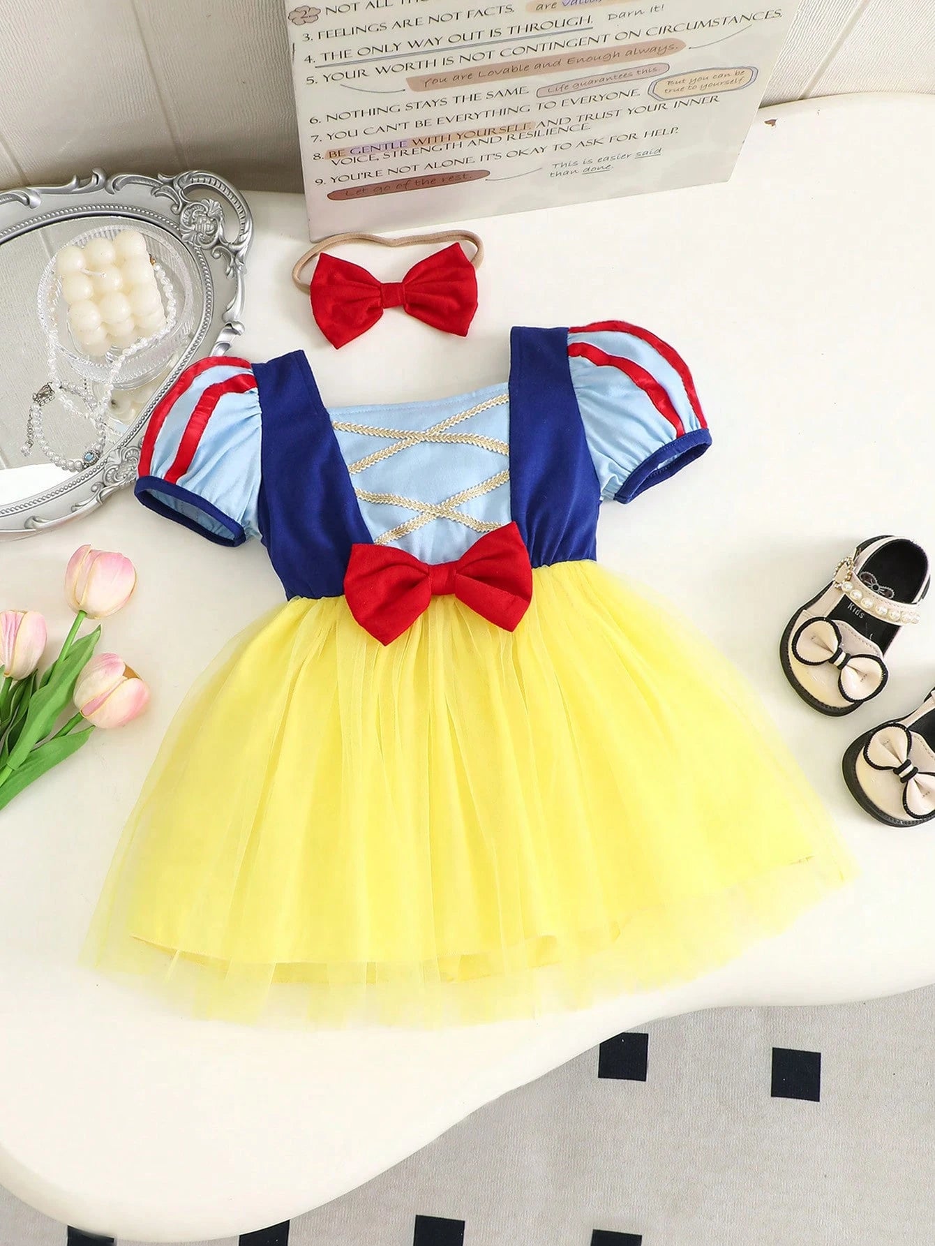 2pcs Baby Girls' Colorblock Mesh Dress With Headband Set, Sweet & Cute, Suitable For Outings, Parties And Gatherings, Spring/Summer