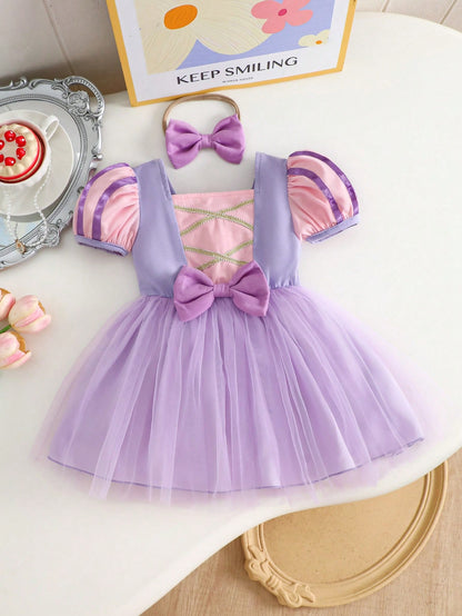 2pcs Baby Girls' Colorblock Mesh Dress With Headband Set, Sweet & Cute, Suitable For Outings, Parties And Gatherings, Spring/Summer