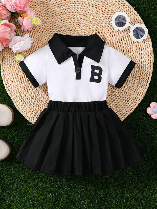 2pcs Baby Girls' Summer Collegiate Style Letter Print Collar Shirt & Pleated Skirt Set, Outdoor Outfit