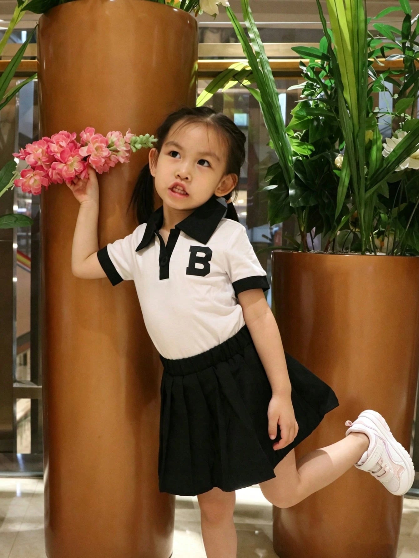 2pcs Baby Girls' Summer Collegiate Style Letter Print Collar Shirt & Pleated Skirt Set, Outdoor Outfit
