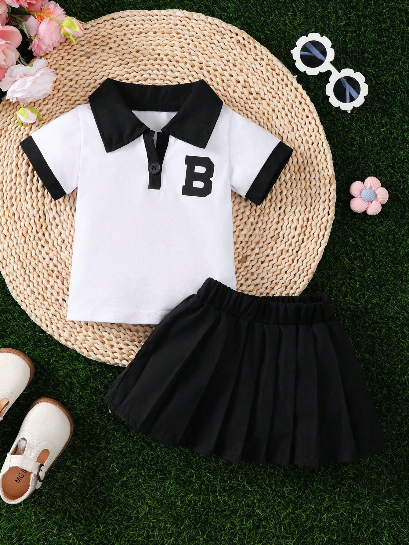 2pcs Baby Girls' Summer Collegiate Style Letter Print Collar Shirt & Pleated Skirt Set, Outdoor Outfit