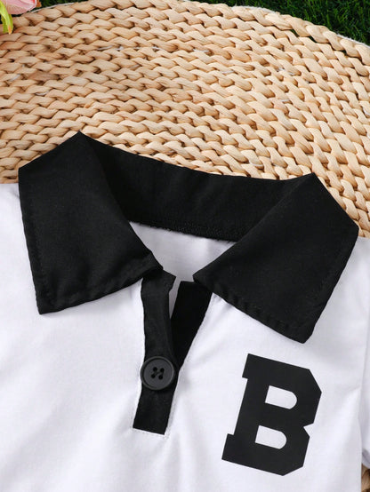 2pcs Baby Girls' Summer Collegiate Style Letter Print Collar Shirt & Pleated Skirt Set, Outdoor Outfit