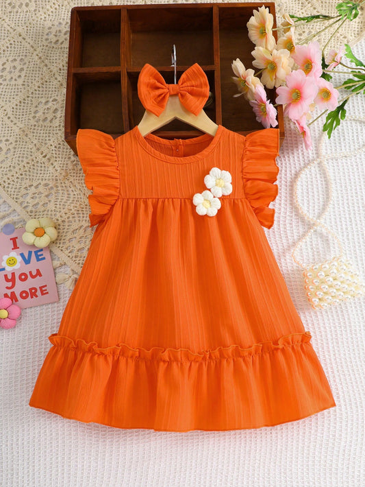 2pcs Baby GirlSet: Solid Color Cute Handmade Flower Decor Cap Sleeve Dress + Headband