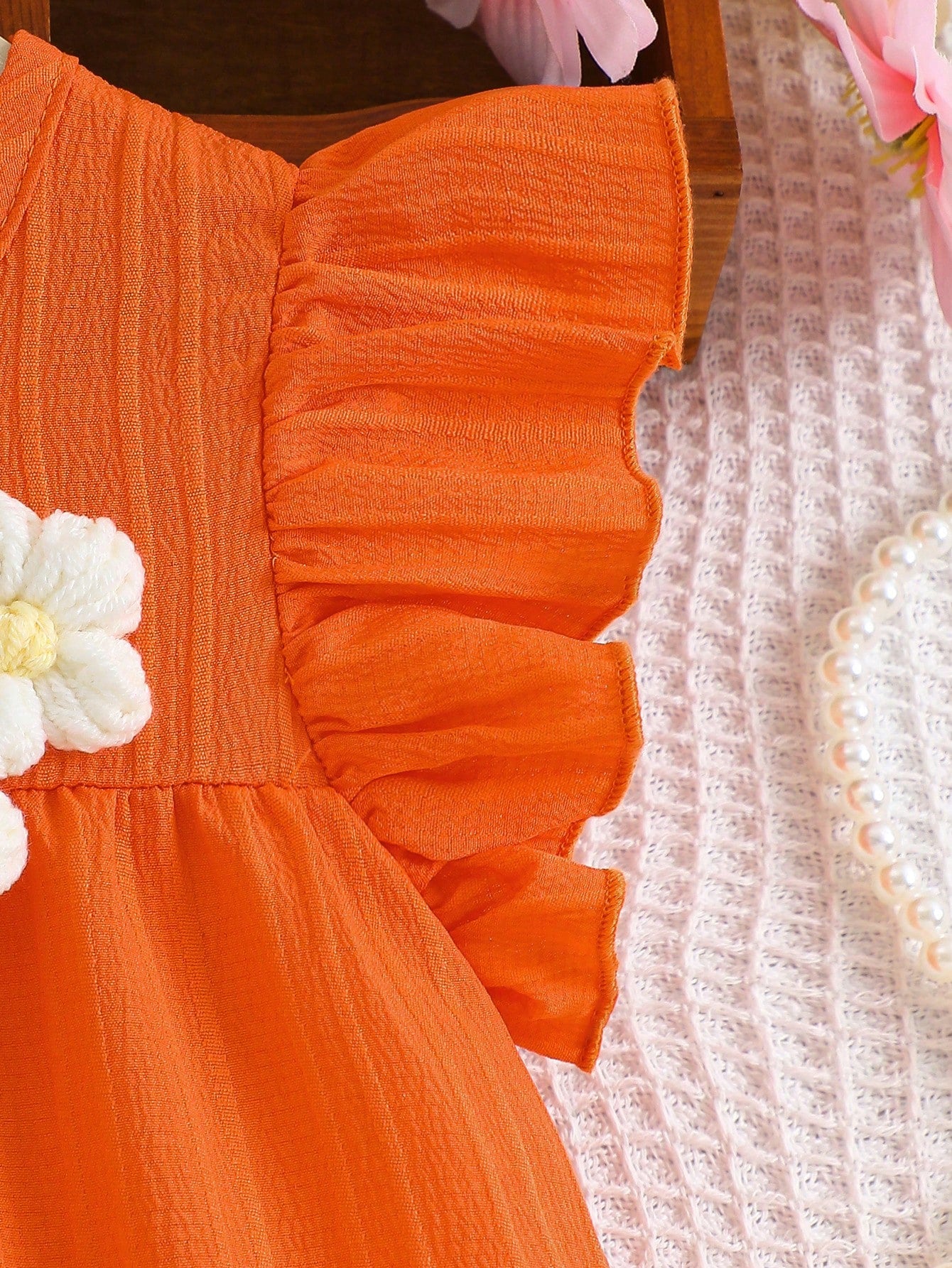 2pcs Baby GirlSet: Solid Color Cute Handmade Flower Decor Cap Sleeve Dress + Headband