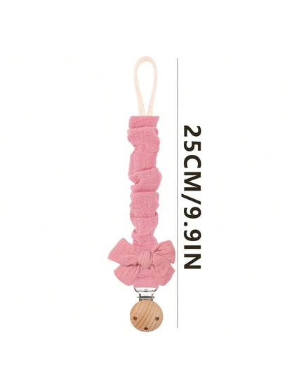 2pcs Baby Solid & Printed Pacifier Clips, Bowknot Pacifier Holder, Wooden 3-Hole Pacifier Clips, Suitable For Daily Use In Blue, Pink, Khaki