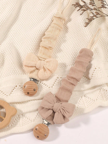 2pcs Baby Solid & Printed Pacifier Clips, Bowknot Pacifier Holder, Wooden 3-Hole Pacifier Clips, Suitable For Daily Use In Blue, Pink, Khaki