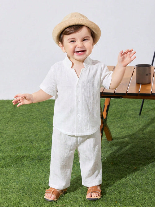 2pcs Baby Unisex White Summer Casual Vacation Loose Stand Collar Woven Solid Color Short Sleeve Shirt And Pants Set,Suitable For Outings,Daily Wear