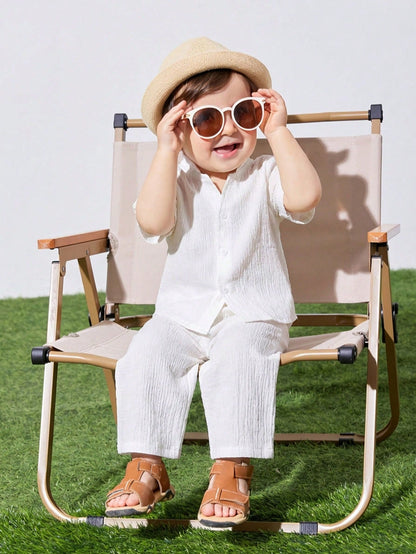 2pcs Baby Unisex White Summer Casual Vacation Loose Stand Collar Woven Solid Color Short Sleeve Shirt And Pants Set,Suitable For Outings,Daily Wear