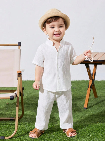 2pcs Baby Unisex White Summer Casual Vacation Loose Stand Collar Woven Solid Color Short Sleeve Shirt And Pants Set,Suitable For Outings,Daily Wear