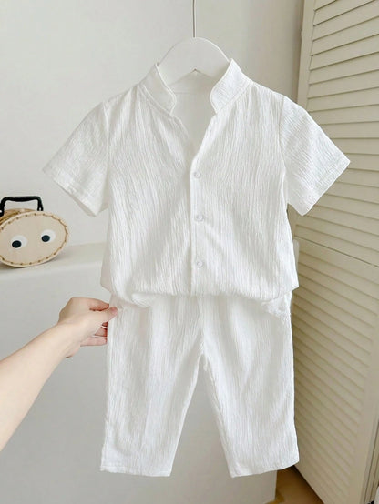 2pcs Baby Unisex White Summer Casual Vacation Loose Stand Collar Woven Solid Color Short Sleeve Shirt And Pants Set,Suitable For Outings,Daily Wear