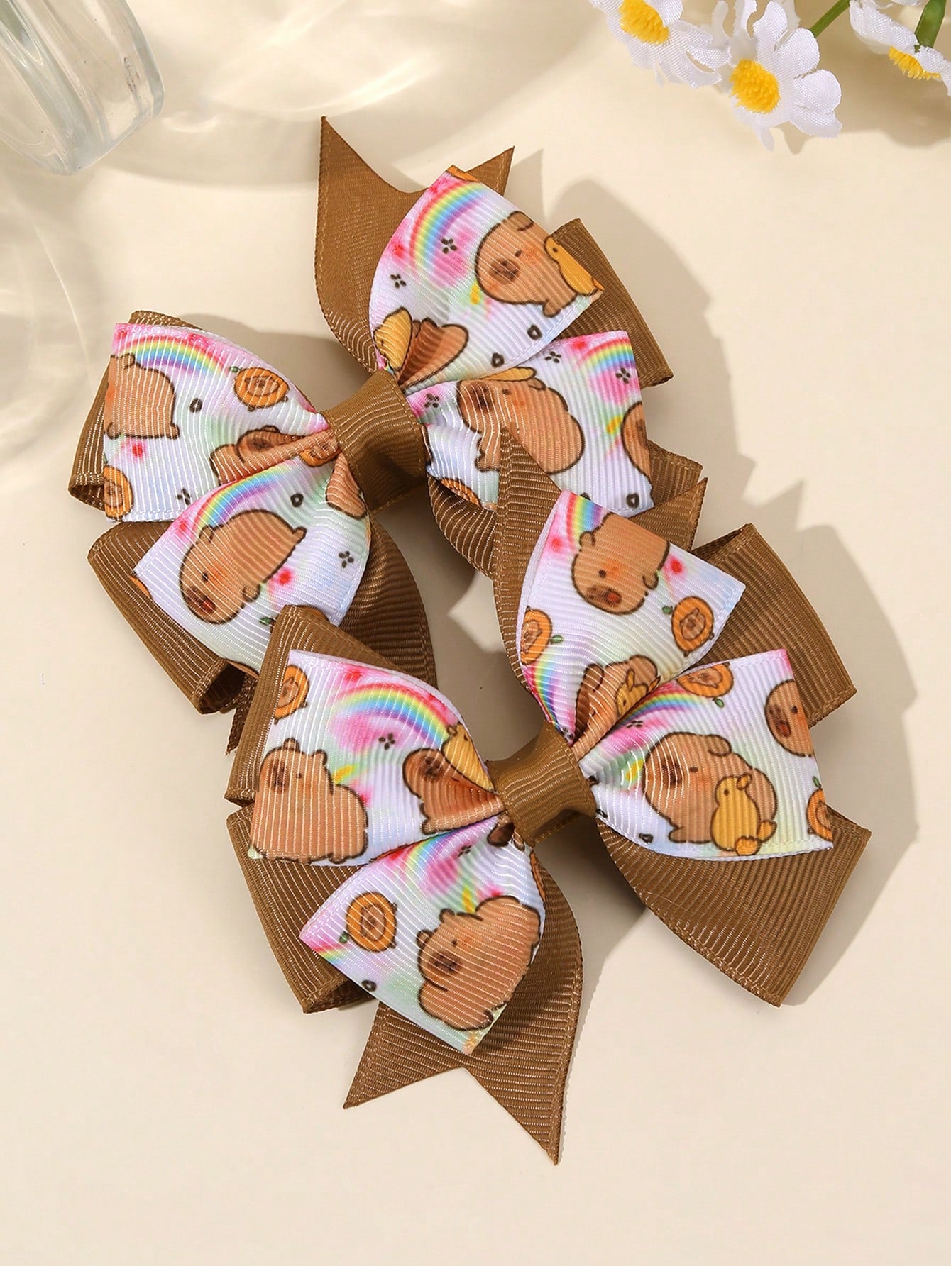 2pcs Brown Capybara Hair Clips, Cute Capybara Printed Bow Hair Clips, Brown Satin Ribbon Bow Hair Clips, Holiday Birthday Party Headwear, Baby Hair Accessories