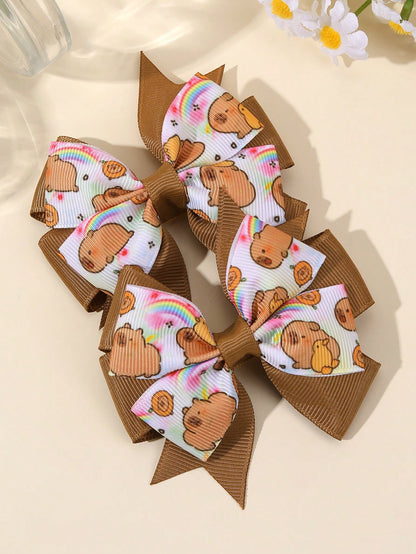 2pcs Brown Capybara Hair Clips, Cute Capybara Printed Bow Hair Clips, Brown Satin Ribbon Bow Hair Clips, Holiday Birthday Party Headwear, Baby Hair Accessories