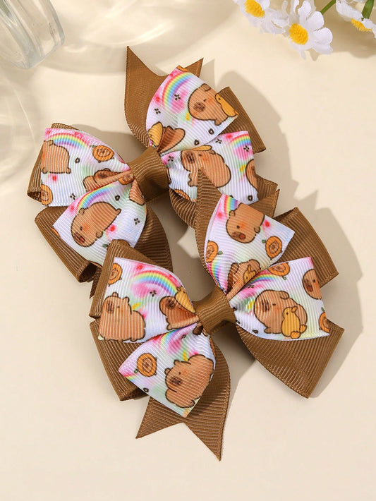 2pcs Brown Capybara Hair Clips, Cute Capybara Printed Bow Hair Clips, Brown Satin Ribbon Bow Hair Clips, Holiday Birthday Party Headwear, Baby Hair Accessories