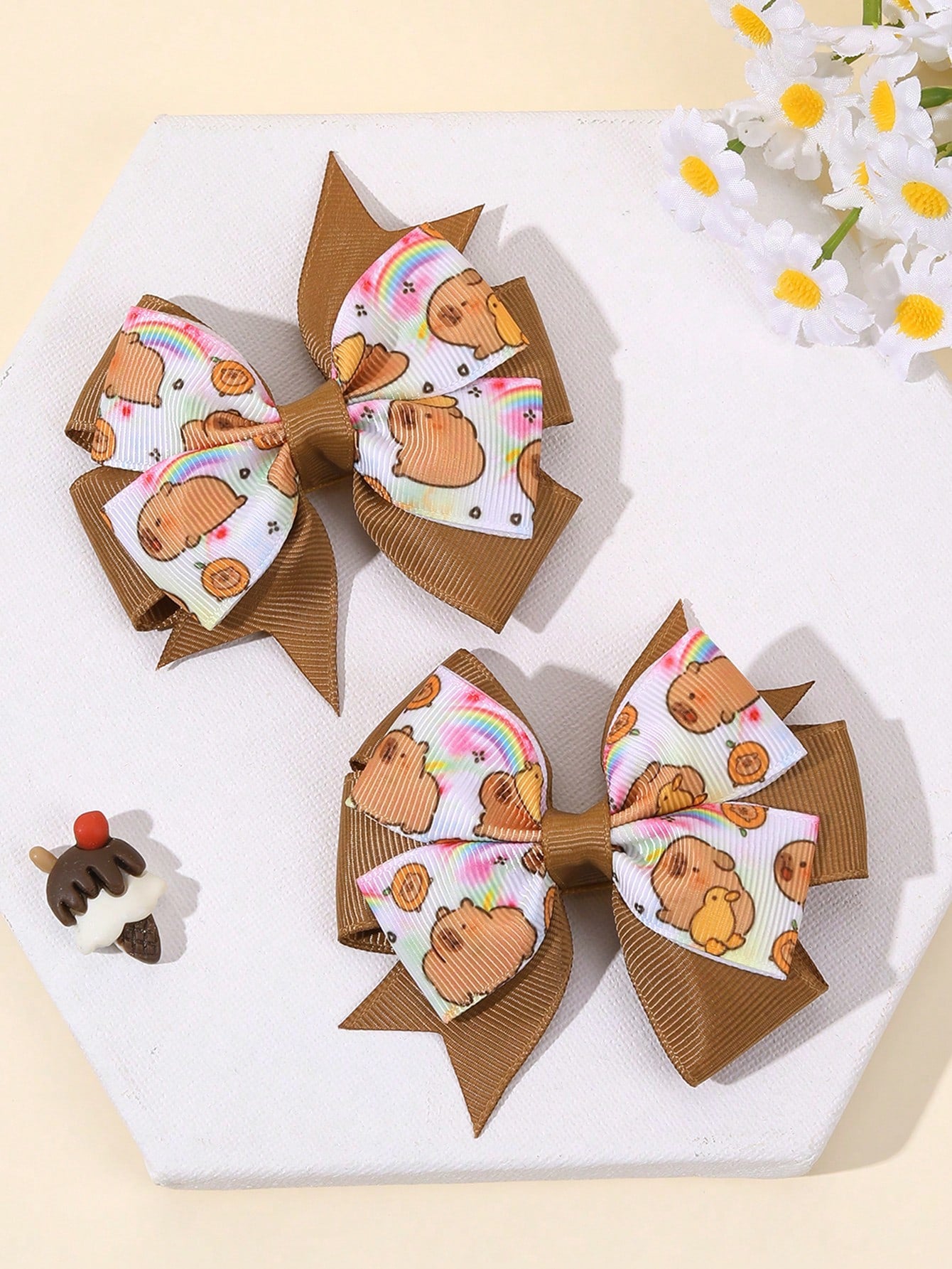 2pcs Brown Capybara Hair Clips, Cute Capybara Printed Bow Hair Clips, Brown Satin Ribbon Bow Hair Clips, Holiday Birthday Party Headwear, Baby Hair Accessories