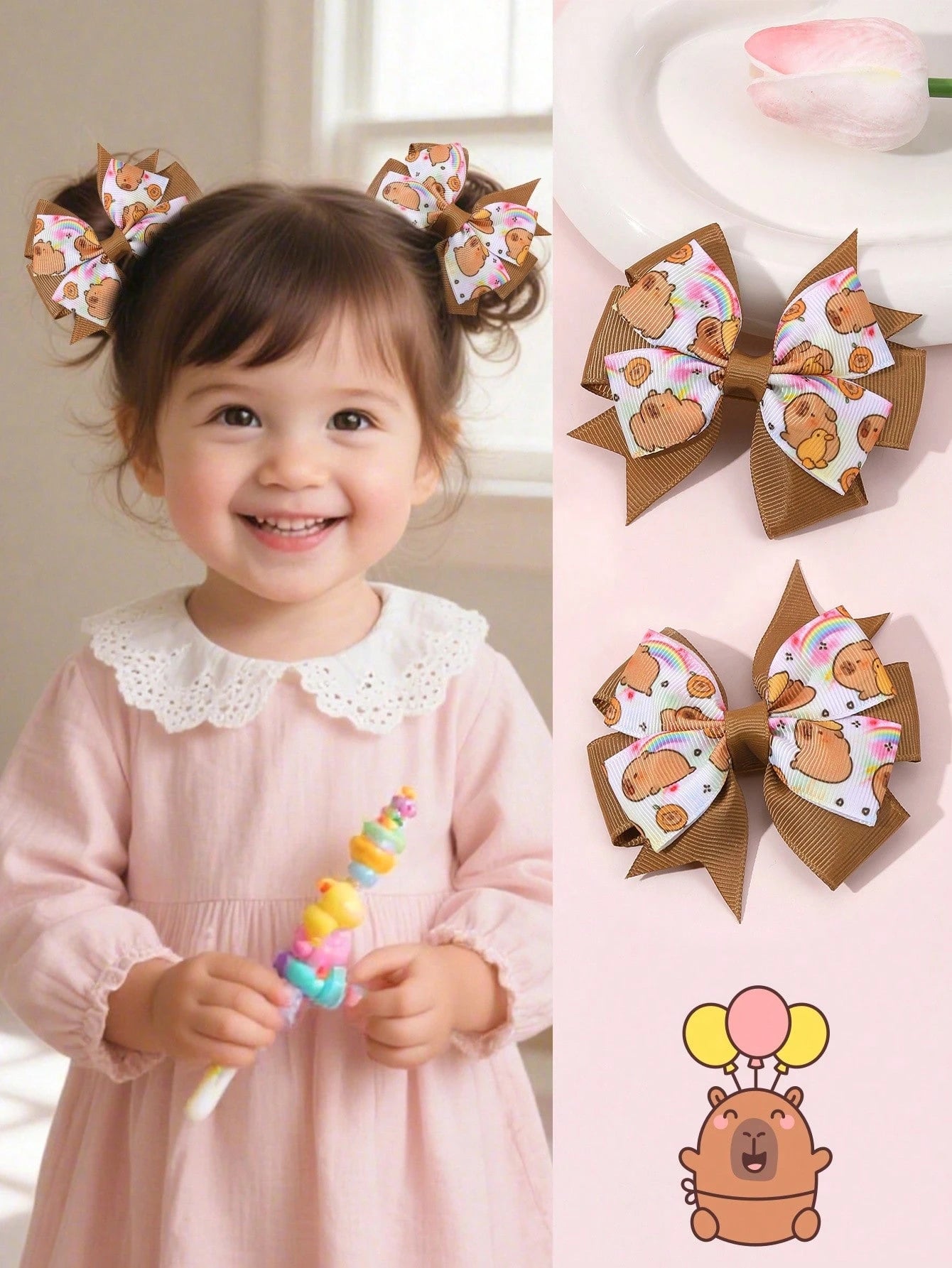 2pcs Brown Capybara Hair Clips, Cute Capybara Printed Bow Hair Clips, Brown Satin Ribbon Bow Hair Clips, Holiday Birthday Party Headwear, Baby Hair Accessories
