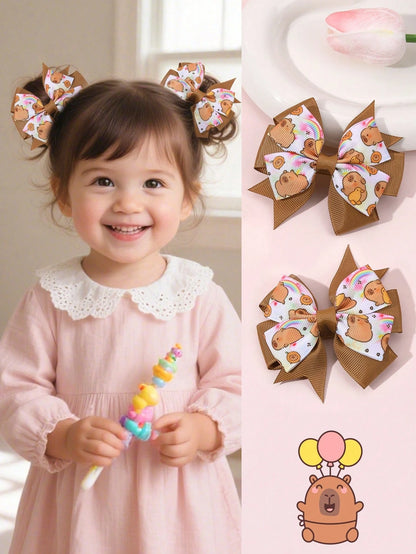 2pcs Brown Capybara Hair Clips, Cute Capybara Printed Bow Hair Clips, Brown Satin Ribbon Bow Hair Clips, Holiday Birthday Party Headwear, Baby Hair Accessories