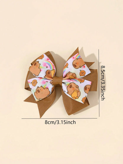 2pcs Brown Capybara Hair Clips, Cute Capybara Printed Bow Hair Clips, Brown Satin Ribbon Bow Hair Clips, Holiday Birthday Party Headwear, Baby Hair Accessories