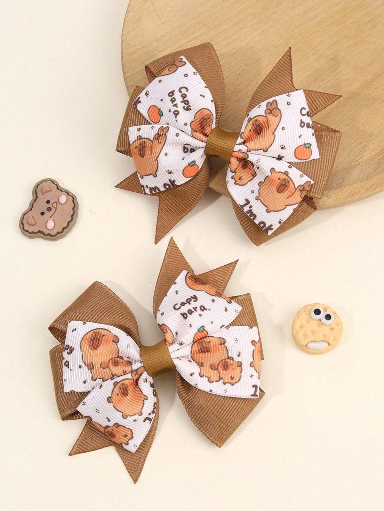 2pcs Brown Capybara Hair Clips, Cute Capybara Printed Bow Hair Clips, Brown Satin Ribbon Bow Hair Clips, Holiday Birthday Party Headwear, Baby Hair Accessories