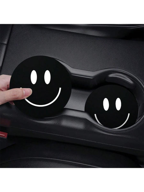 2pcs Car Cup Holder Coasters Anti-Slip & Absorbent Mat, Minimalist Smiling Face Printed Heat Insulation Pad
