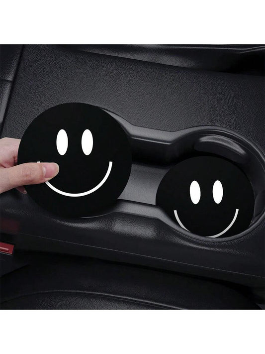 2pcs Car Cup Holder Coasters Anti-Slip & Absorbent Mat, Minimalist Smiling Face Printed Heat Insulation Pad