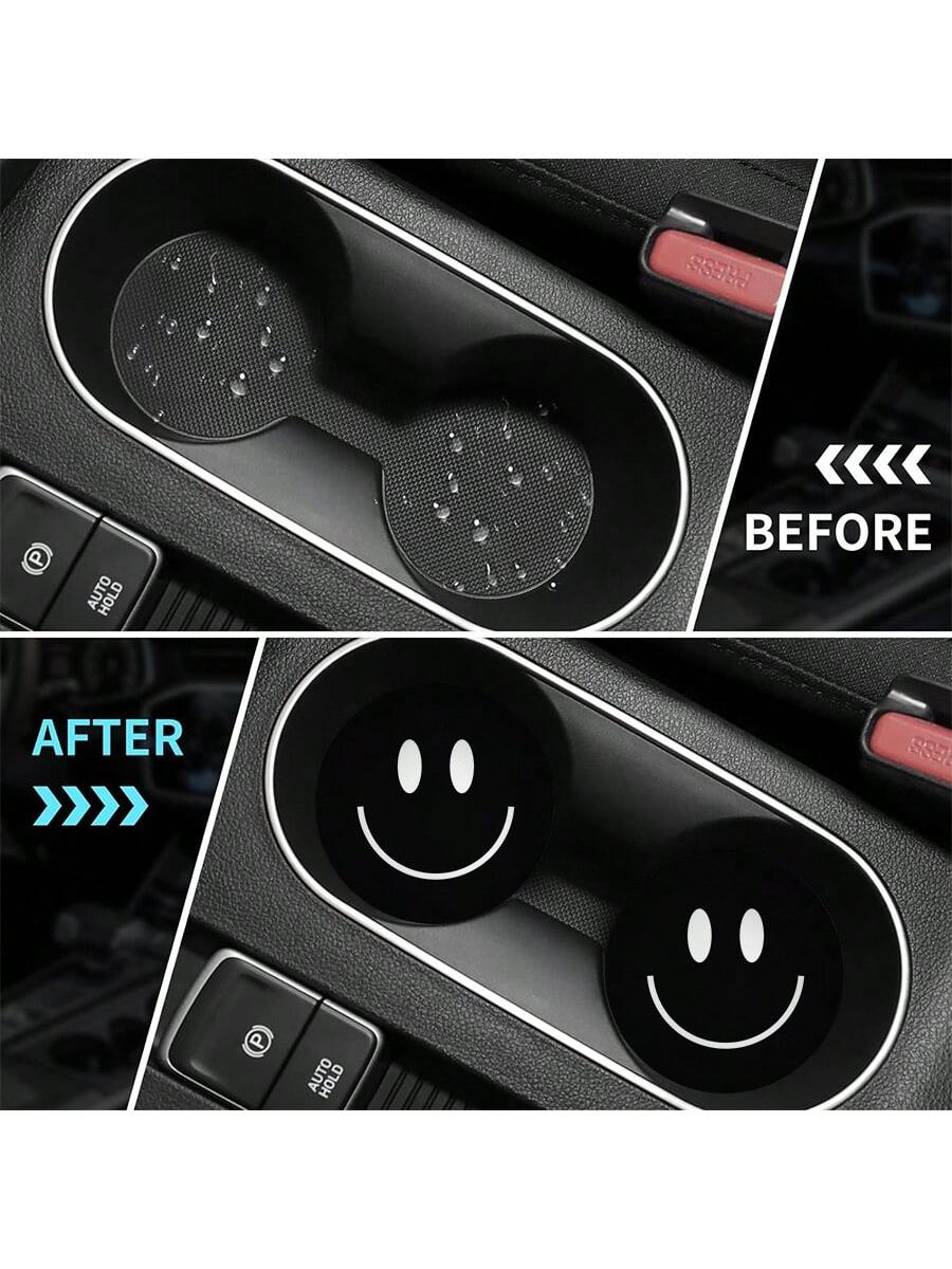 2pcs Car Cup Holder Coasters Anti-Slip & Absorbent Mat, Minimalist Smiling Face Printed Heat Insulation Pad