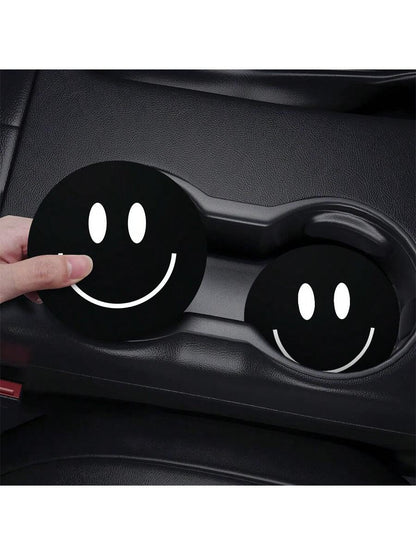 2pcs Car Cup Holder Coasters Anti-Slip & Absorbent Mat, Minimalist Smiling Face Printed Heat Insulation Pad