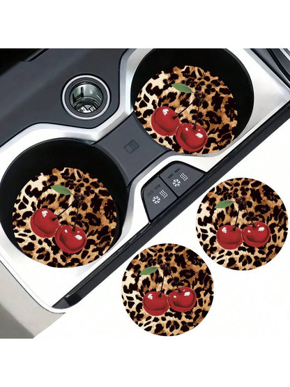 2pcs Cherry Leopard Pattern Absorbent Car Cup Coaster Stylish & Durable Fast-Drying Non-Slip Car Cup Mat