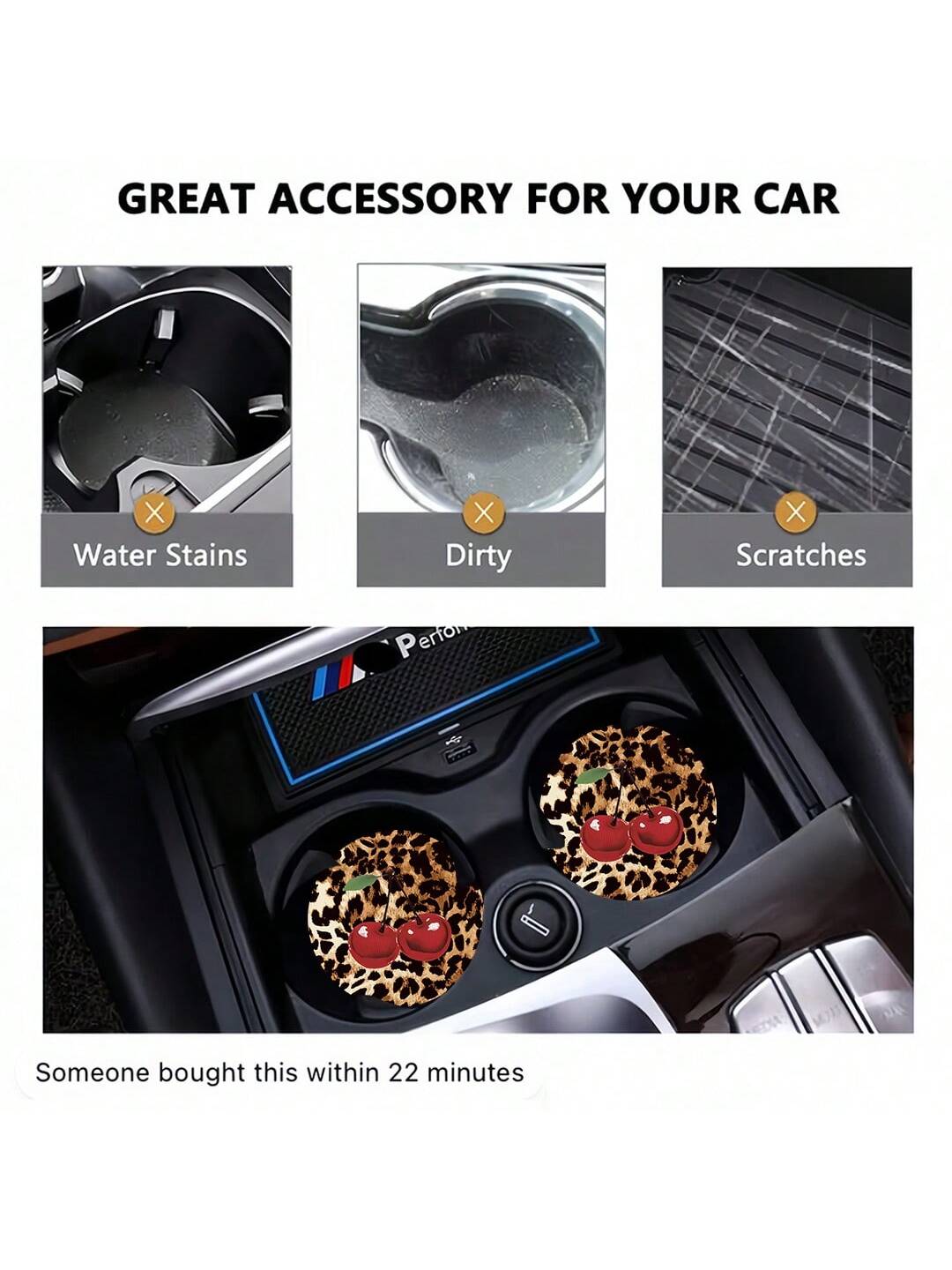 2pcs Cherry Leopard Pattern Absorbent Car Cup Coaster Stylish & Durable Fast-Drying Non-Slip Car Cup Mat