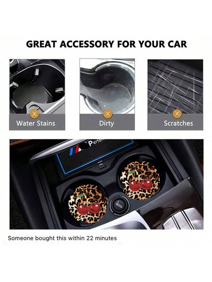 2pcs Cherry Leopard Pattern Absorbent Car Cup Coaster Stylish & Durable Fast-Drying Non-Slip Car Cup Mat