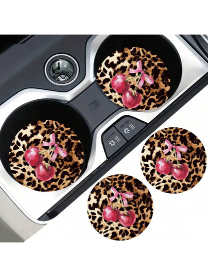 2pcs Cherry Leopard Pattern Absorbent Car Cup Coaster Stylish & Durable Fast-Drying Non-Slip Car Cup Mat