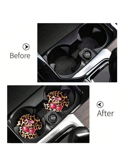 2pcs Cherry Leopard Pattern Absorbent Car Cup Coaster Stylish & Durable Fast-Drying Non-Slip Car Cup Mat