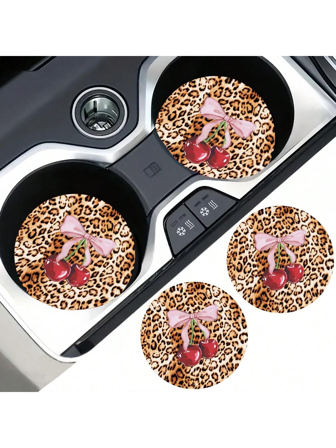 2pcs Cherry Leopard Pattern Absorbent Car Cup Coaster Stylish & Durable Fast-Drying Non-Slip Car Cup Mat