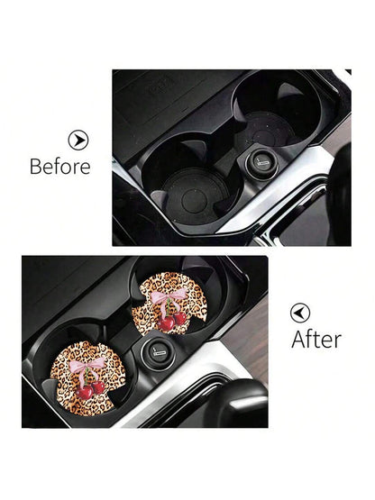 2pcs Cherry Leopard Pattern Absorbent Car Cup Coaster Stylish & Durable Fast-Drying Non-Slip Car Cup Mat