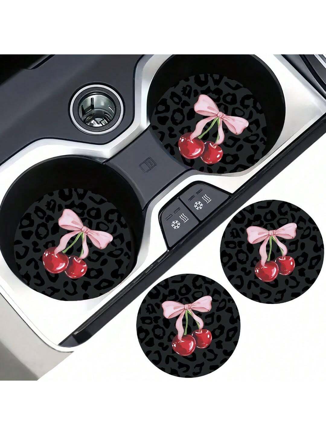 2pcs Cherry Leopard Pattern Absorbent Car Cup Coaster Stylish & Durable Fast-Drying Non-Slip Car Cup Mat