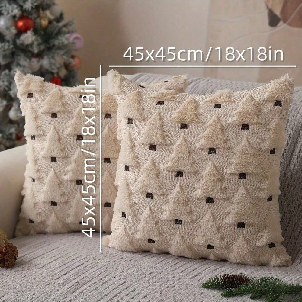 2Pcs Christmas Pillowcases, 18x18 Inches, Beige Christmas Tree Pattern, Soft Faux Fur Sherpa Pillowcases, Winter Holiday Decorations For Sofa Living Rooms