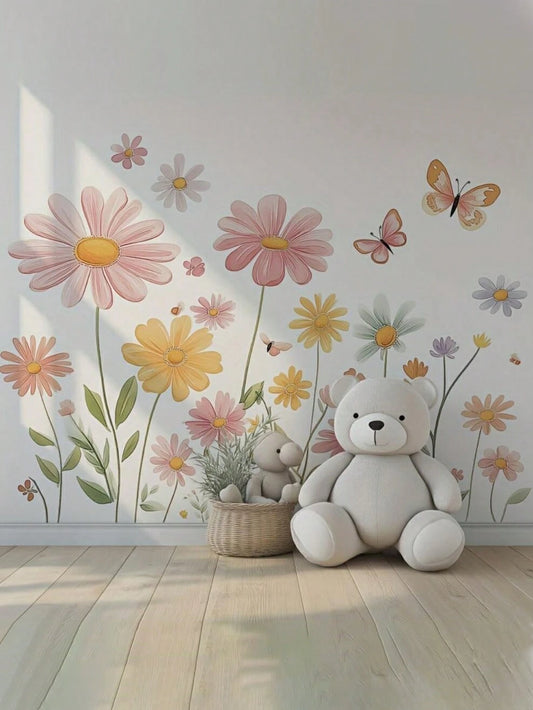 2pcs Colorful Floral Wall Decals – Contemporary Vinyl Stickers With Pink, Peach, Yellow, Blue, And Green Flowers & Butterflies – Removable, Self-Adhesive Decor For Living Room, Bedroom, Or Home Walls