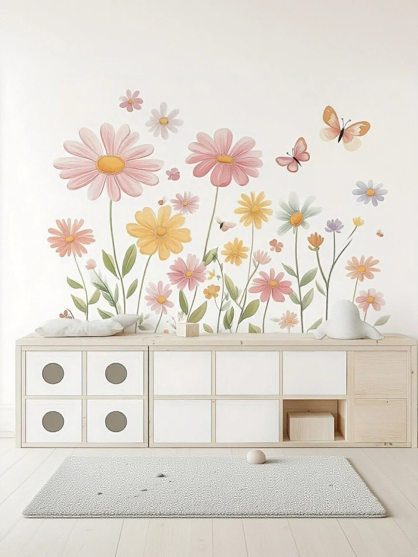 2pcs Colorful Floral Wall Decals – Contemporary Vinyl Stickers With Pink, Peach, Yellow, Blue, And Green Flowers & Butterflies – Removable, Self-Adhesive Decor For Living Room, Bedroom, Or Home Walls
