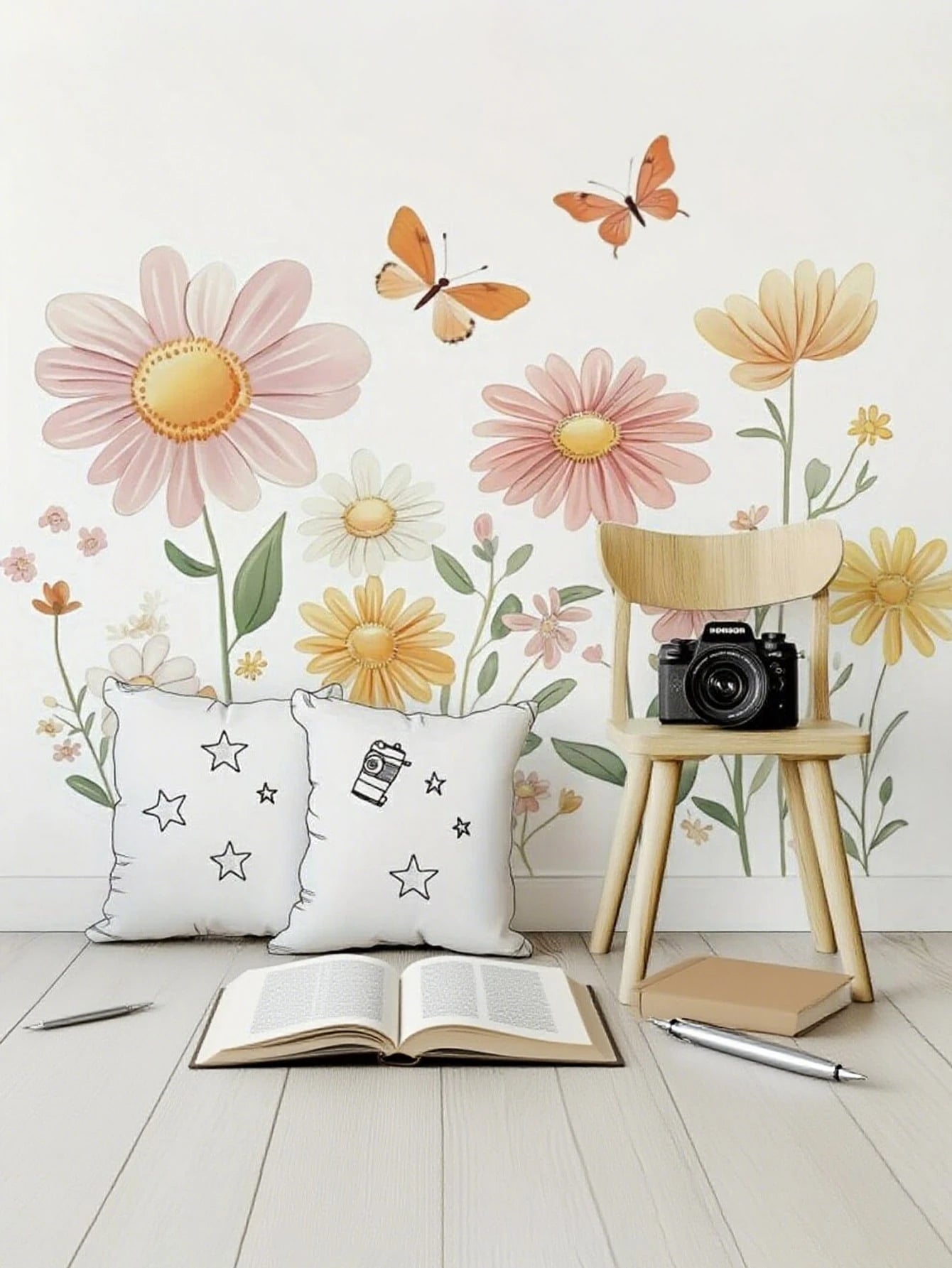 2pcs Colorful Floral Wall Decals – Contemporary Vinyl Stickers With Pink, Peach, Yellow, Blue, And Green Flowers & Butterflies – Removable, Self-Adhesive Decor For Living Room, Bedroom, Or Home Walls