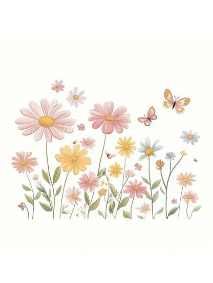 2pcs Colorful Floral Wall Decals – Contemporary Vinyl Stickers With Pink, Peach, Yellow, Blue, And Green Flowers & Butterflies – Removable, Self-Adhesive Decor For Living Room, Bedroom, Or Home Walls
