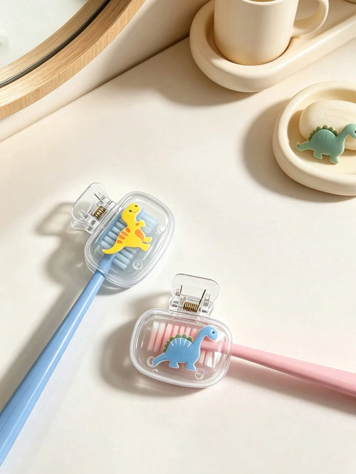 2pcs Cute Dinosaur Toothbrush Holder- Children's Bathroom Wall-Mounted Storage Rack, Baby Bathroom Supplies, Baby Essentials, Bathroom Decor